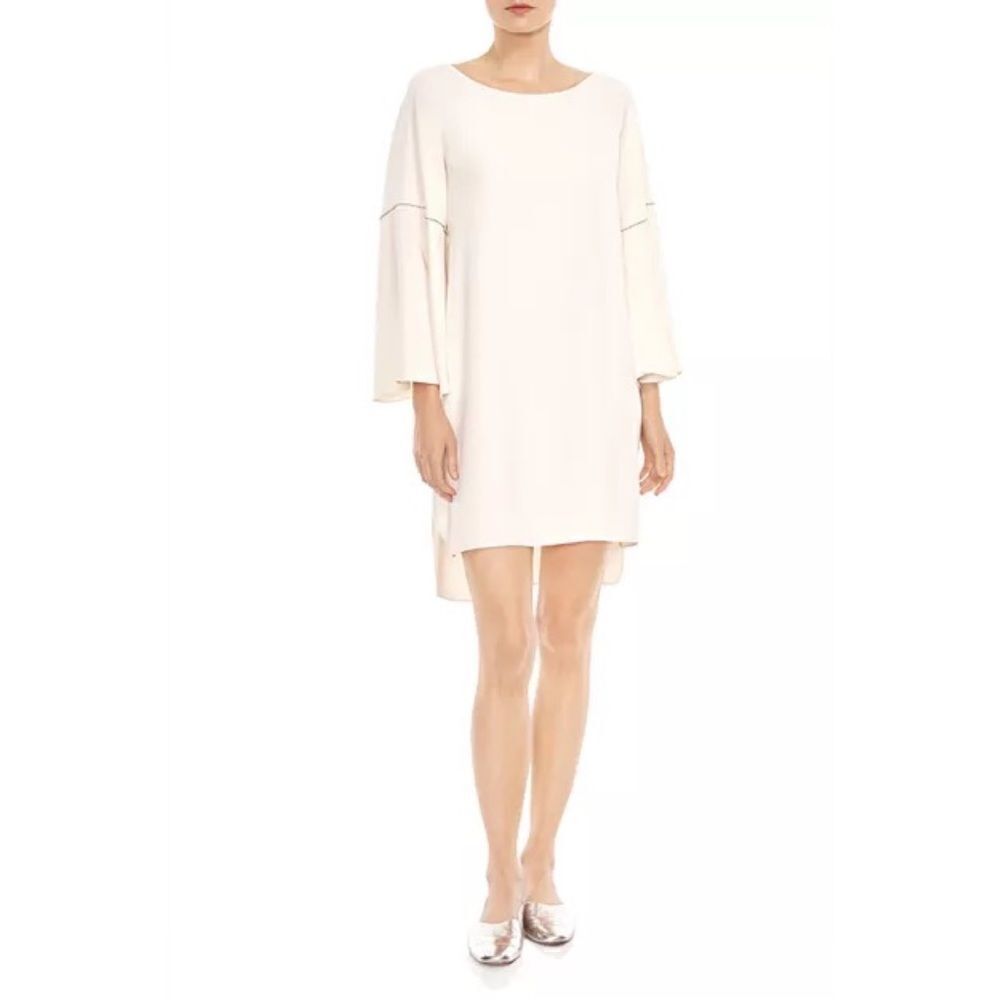Halston Heritage Flounce Bell Sleeve Wide Boat Neck Tunic Dress Cream Sz 8 NWT